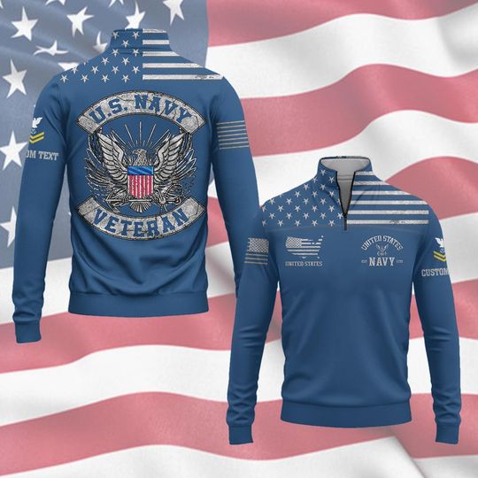 Customized US Navy Proudly Served Zip Neck Sweater