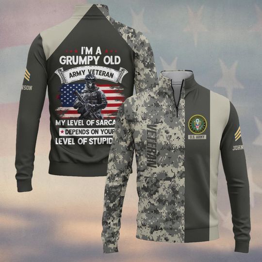 I’m A Grumpy Old Veteran My Level Of Sarcasm Depends On Your Level Of Stupidity Zip Neck Sweater