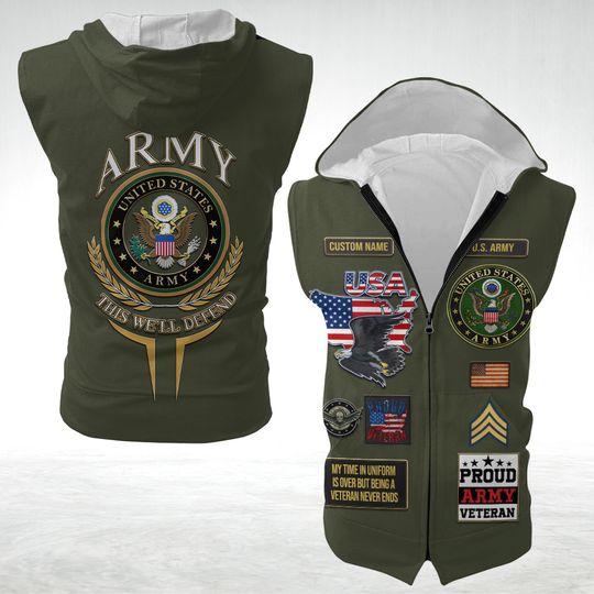 Customized U.S Veteran Proudly Served Men's Zipper-Up Sleeveless Hoodies