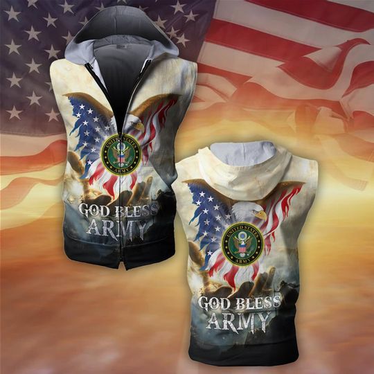 Customized God Bless US Veteran With US Eagle Men's Zipper-Up Sleeveless Hoodies