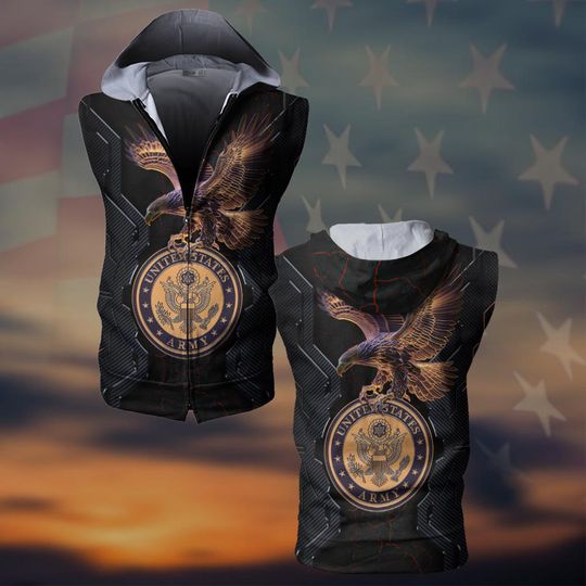 Customized US Military With Eagle  Men's Zipper-Up Sleeveless Hoodies