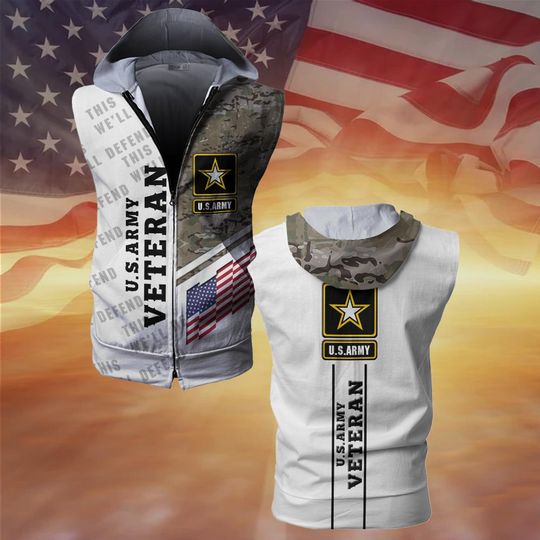 Customized US Veteran Camouflage Men's Zipper-Up Sleeveless Hoodies
