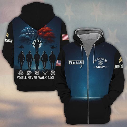 Customized U.S Veteran – You’ll Never Walk Alone 3D Zip Hoodie