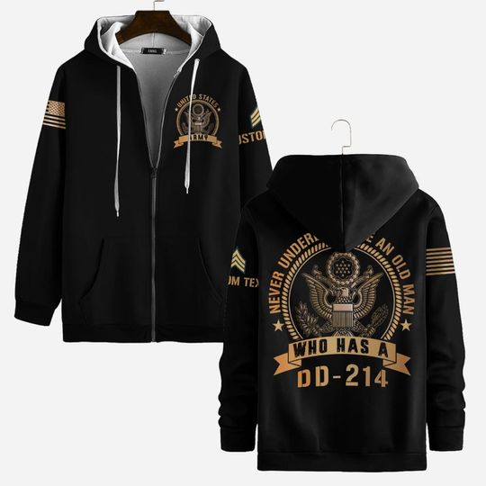Customized US Veteran Never Underestimate An Old Man Who Has A DD-214 3D Zip Hoodie