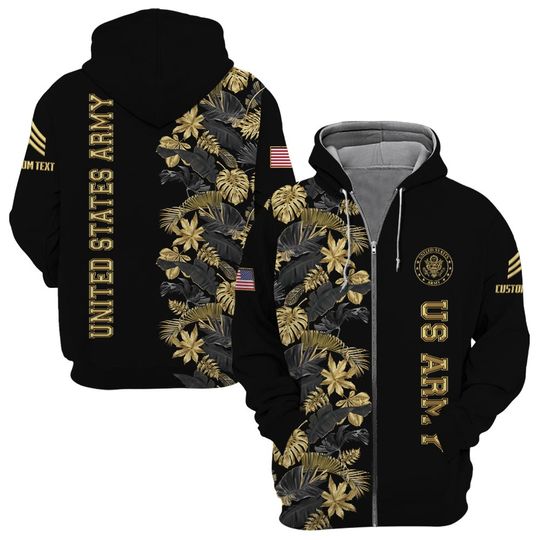 Customized US Military Floral Leaves Pattern 3D Zip Hoodie