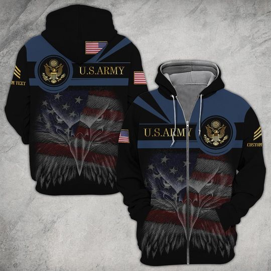 Customized US Military With US Flag Eagle 3D Zip Hoodie