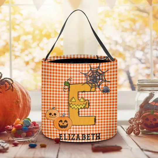 Personalised Spooky Pumpkin Witch Monster Bat Initial Grid Trick or Treat Bag Sweets Bucket with Name Halloween Party Favors for Boys Girls