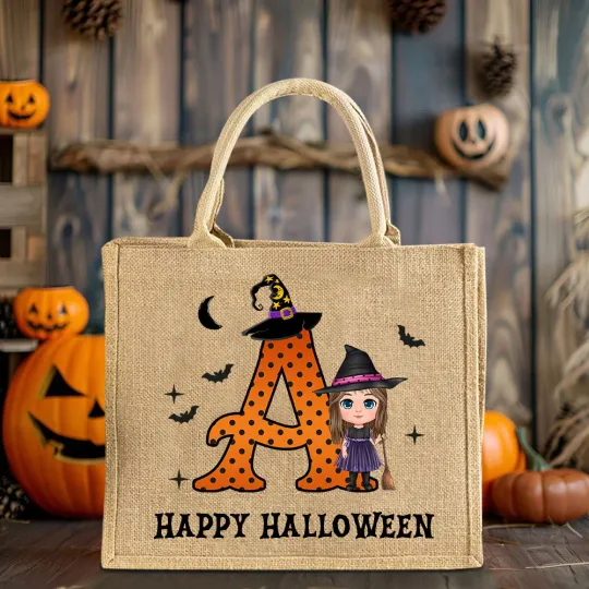 Personalised Cartoon Vampire Witch Trick or Treat Jute Tote Bag with Name and Initial Halloween Spooky Season Gift for Boys Girls