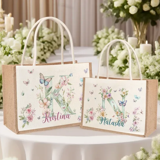 Personalised Watercolor Floral Butterfly Initial Reusable Jute Tote Bag with Name Wedding Bridal Shower Birthday Gift for Brides Bridesmaids Women