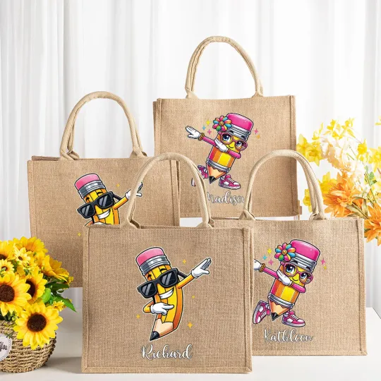 Personalised Pencil Characters Portable Jute Tote Bag with Name Daily Accessory Travel Birthday Gift for Women