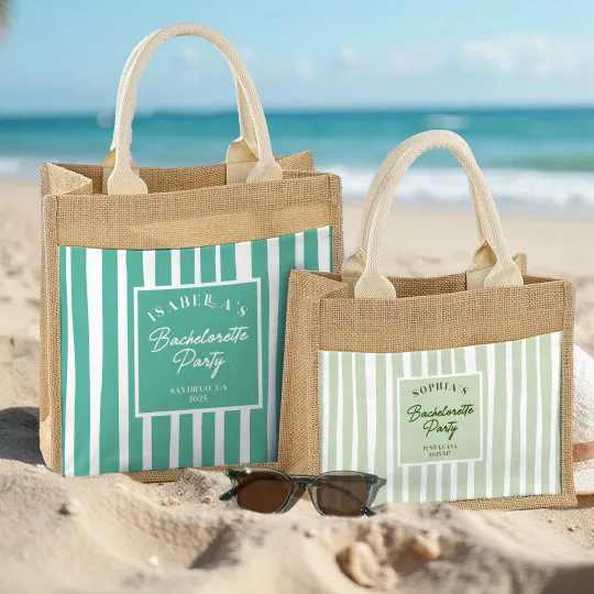 Personalised Muticolor Stripe Bachelor Party Design Jute Tote Bag with Name Travel Accessory Bridesmaid Gift for Women