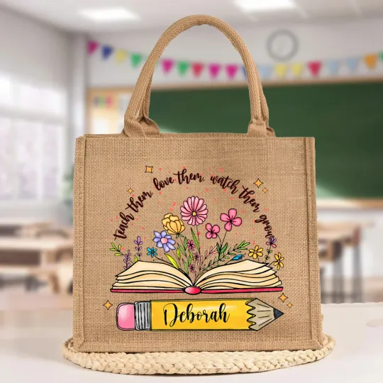 Personalised Pencil Books Flowers Jute Tote Bag with Name Large Storage Travel Accessory Party Birthday Gift for Women