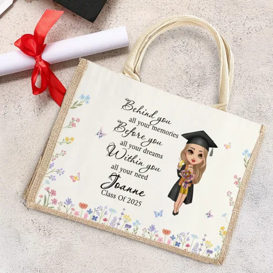 Personalised Cartoon Graduate Floral Reusable Jute Tote Bag with Name and Year Graduation Celebration Gift for Women Graduates