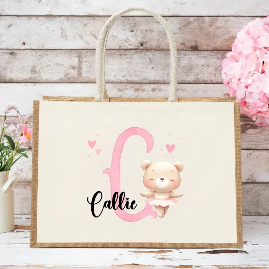 Personalised Cute Animal Ballerina  Durable Jute Tote Bag with Initial and Name Travel Essential Birthday Gift for Ballet Lovers
