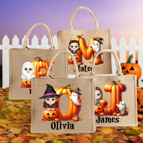 Personalised Cartoon Character Pumpkin Ghost Jute Tote Bag with Initial and Name Trick or Treat Halloween Party Gift for Boys Girls