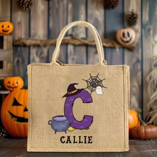 Personalised Halloween Pumpkin Ghost Bat Initial Large Capacity Jute Tote Bag with Name Halloween Party Gift for Family Kids