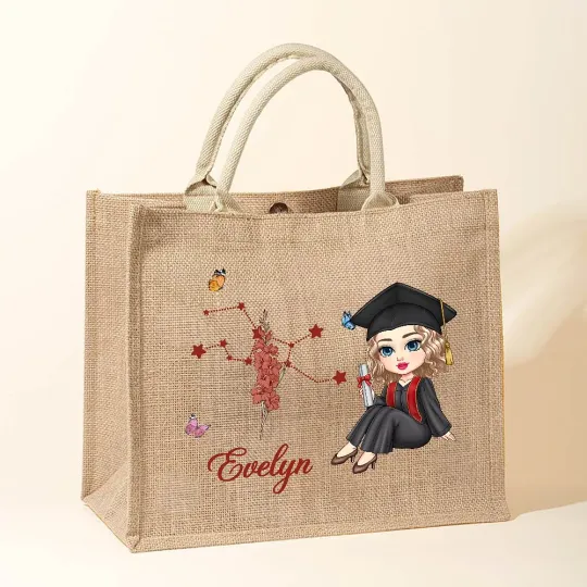 Personalised Cartoon Graduate Horoscope Birth Flower Jute Tote Bag with Name Graduation Birthday Gift for Women