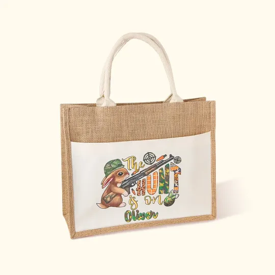 Personalised The Hunt Is On Camouflage Bunny Reusable Jute Tote Bag with Name Easter Gift for Kid