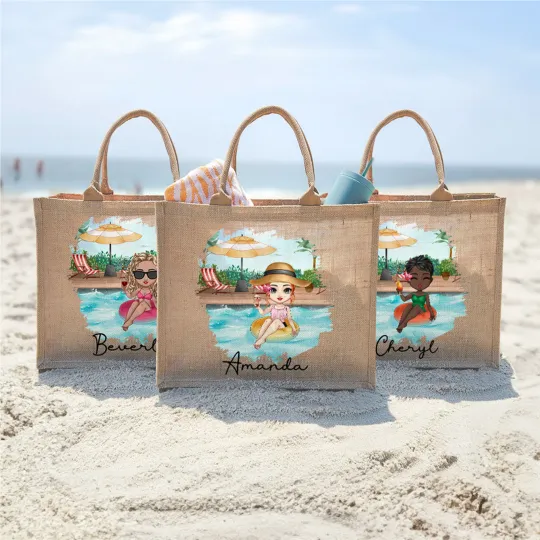 Personalised Pool Vacation Cartoon Girl Large Capacity Jute Tote Bag with Name Travel Essential Holiday Birthday Gift for Women