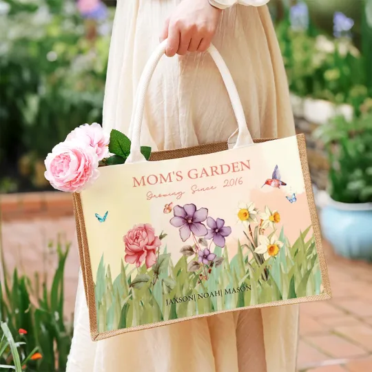 Personalised Grandma's Garden 2-15 Birth Flowers Large Jute Tote Bag with Names and Year Birthday Anniversary Gift for Family