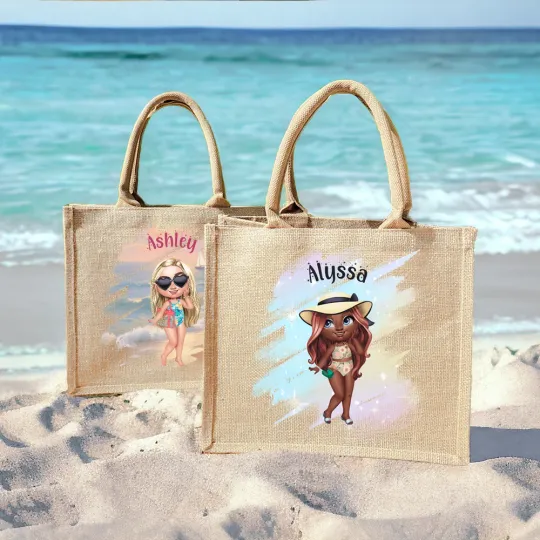 Personalised Shiny Fashion Cartoon Girl Large Jute Tote Bag with Name Beach Vacation Accessories Birthday Gift for Girls Women