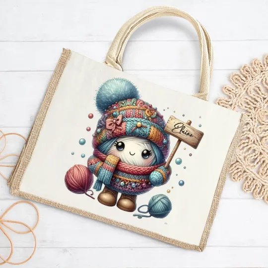 Personalised Cartoon Crochet Pattern Jute Tote Bag with Name Travel Accessories Birthday Holiday Gift for Knitting Lovers Women