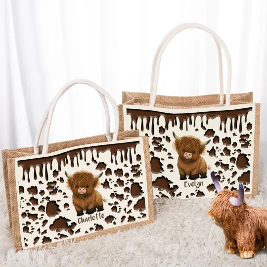 Personalised Highland Cow Large Capacity Jute Tote Bag with Name Travel Accessories Birthday Holiday Gift for Highland Cow Lovers