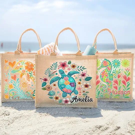 Personalised Marine Animal Patterns Large Jute Tote Bag with Name Beach Party Essential Birthday Anniversary Travel Gift for Women Friends