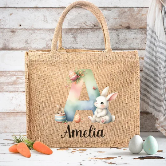 Personalised Watercolor Bunny Flowers Eggs Initial Jute Tote Bag with Name Easter Birthday Gift for Kids