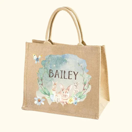 Personalised Watercolor Bunny Jute Tote Bag  with Name Large Capacity Easter Birthday Gift for Kids