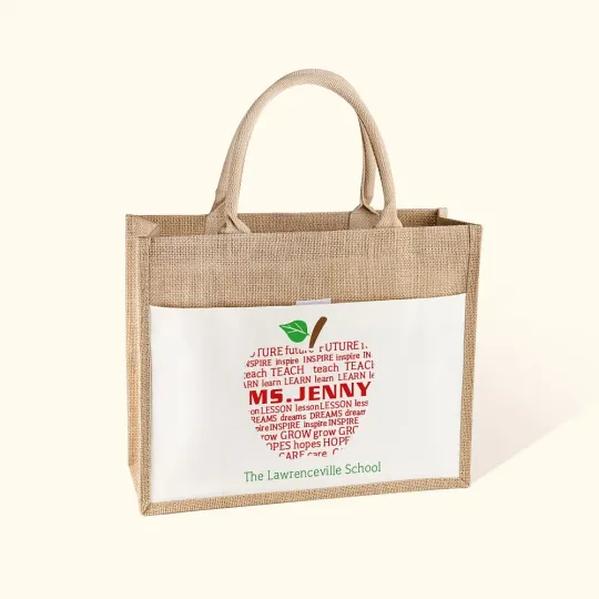 Personalised Apple Pattern Jute Tote Bag with Name and Text Christmas Thanksgiving Day Gift for Teacher