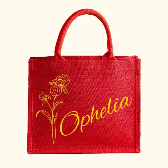 Personalised Birth Flower Red Name Jute Tote Bag with Handle Birthday Christmas Gift for Women