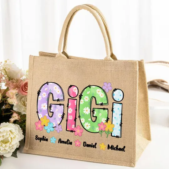 Personalised Colorful Flowers Large Jute Tote Bag with Nickname and 1-12 Names Mother's Day Birthday Gift for Mom Grandma