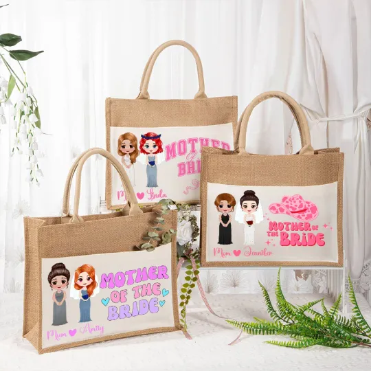 Personalised Mother of the Bride Cartoon Characters Reusable Large Jute Tote Bag with Name Wedding Anniversary Gift for Women Bride Mom