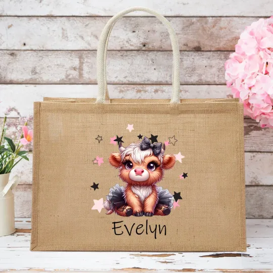 Personalised Cute Highland Cow Large Jute Tote Bag with Name Travel Accessories Birthday Holiday Gift for Women Highland Cow Lovers