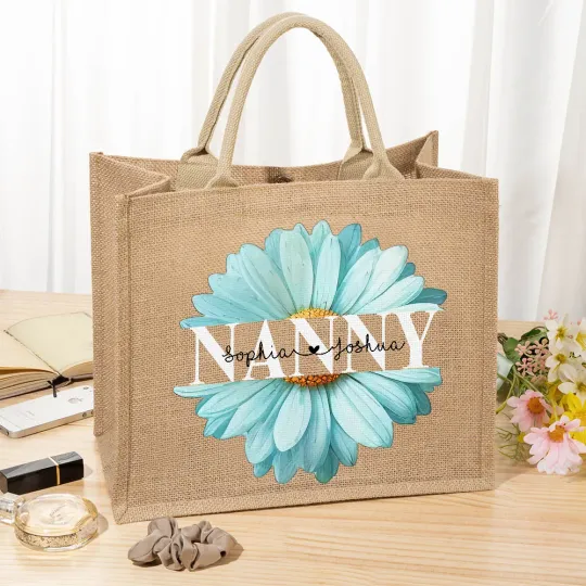 Personalised Light Blue Daisy Large Capacity Jute Tote Bag with 1-8 Names Mother's Day Birthday Gift for Mom