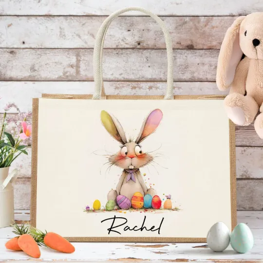Personalised Quirky Easter Bunny Jute Tote Bag with Name Large Capacity Easter Egg Hunt Bag Gift for Kids