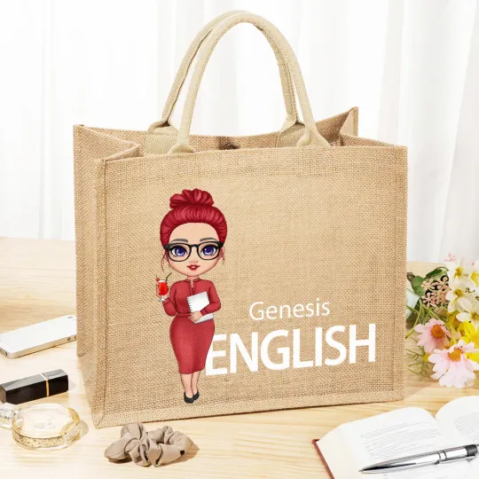Personalised Cartoon Fashion Teacher Jute Tote Bag with Name and Subject Birthday Back to School Teacher's Day Gift for Teacher