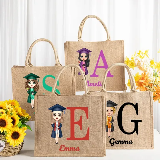 Personalised Graduation Cartoon Character Large Jute Tote Bag with Initial and Name Graduation Birthday Gift for Women Friends