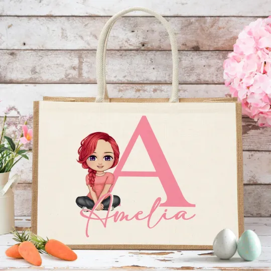 Personalised Cute Cartoon Character Jute Tote Bag with Name and Initial Birthday Easter Gift for Kids Adults