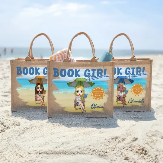 Personalised Cute Cartoon Book Girl Jute Tote Bag with Name Travel Accessories Birthday Beach Party Gift for Women Reading Enthusiasts