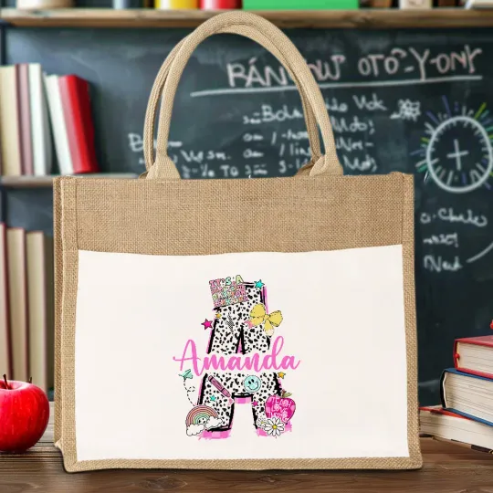 Personalised Leopard Print Dalmatian Dot Pencil Jute Tote Bag with Name Teacher's Day Appreciation Back to School Birthday Gift for Teacher