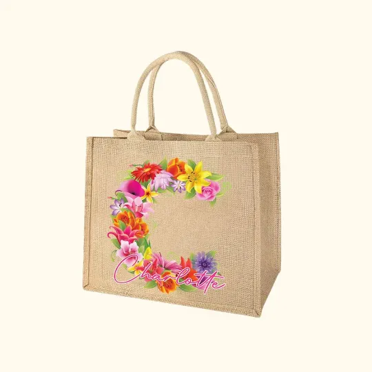 Personalised Flower Letter Design Burlap Jute Tote Bag with Name Wedding Birthday Gift for Women