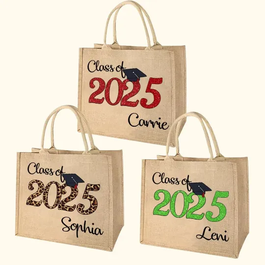 Personalised Class of 2025 Large Capacity Graduation Jute Tote Bag with Year and Name Gift for Graduates