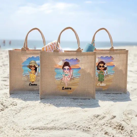 Personalised Summer Fashion Cartoon Character Large Jute Tote Bag with Name Beach Party Favor Birthday Gift for Women