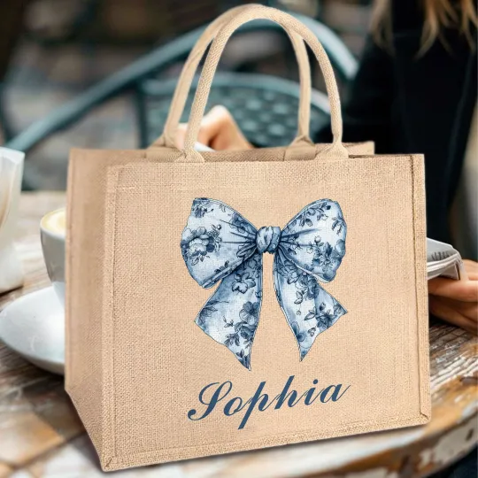 Personalised Toile De Jouy French Retro Blue Bow Large Jute Tote Bag with Name Travel Essential Beach Birthday Gift for Women