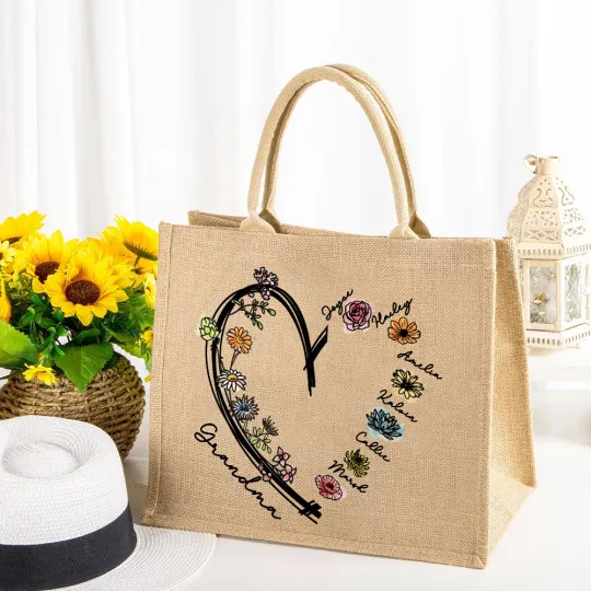 Personalised Love Heart 1-6 Birth Flowers Reusable Jute Tote Bag with Nickname Birthday Mother’s Day Gift for Women