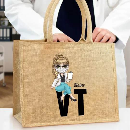 Personalised Cartoon Character Reusable Jute Tote Bag with Name and Occupation Birthday Appreciation Gift for Nurse Doctor Medical Staff