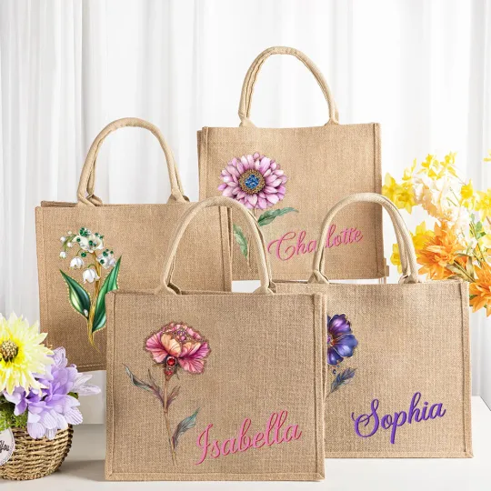 Personalised Retro Oil Painting Birth Flower with Birthstone Large Jute Tote Bag with Name Bridesmaid Mother's Day Birthday Gift for Women