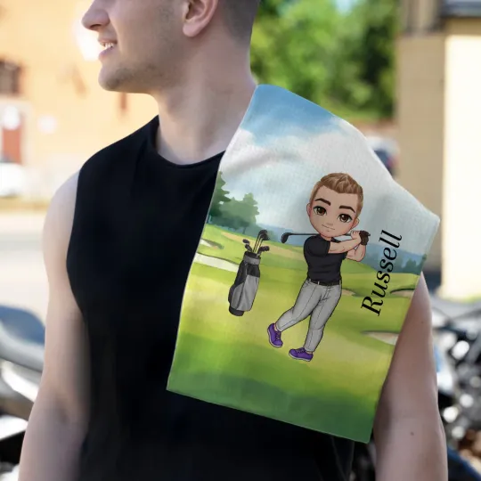 Personalised Soft Quick Dry Cartoon Character Golf Waffle Towel with Carabiner Golf Accessories Birthday Gift for Golf Player
